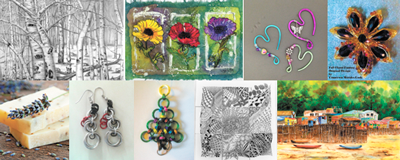Images top row: May Yipp drawing (Basic Drawing teacher); Lydia Rea & Mary Tharp (Batik Watercolor class); Stephaine Kuhne wine glass charms (Wine Charms Class); Franki Morales Cook wire pendant (Exquisite Wire Herringbone Pendants class). Bottom row: Lavendar soap (Herbal Soapmaking class with Sally Lilly); Rex Brown's Snowman earring and Christmas tree ornament (Easy Holiday Ornaments & Jewelry class); collage of Zentangle tiles by Dusty Darrah (Zentangle class); May Yipp watercolor (No Fear Watercolor or Beginning Watercolor Technique class).